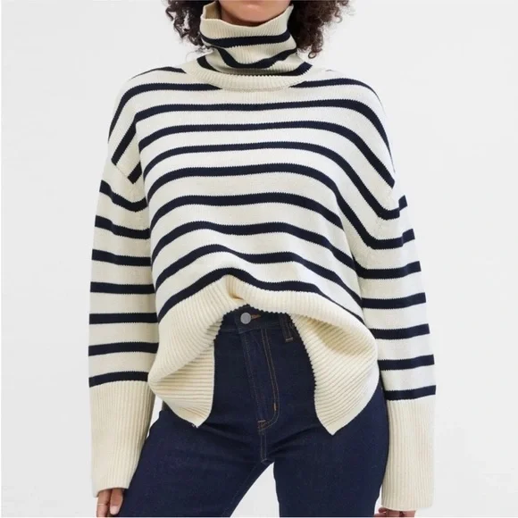 Gap 24/7 Split Hem Striped Turtleneck Sweater, NWT, Size XL in Cream and Navy - Picture 5 of 14